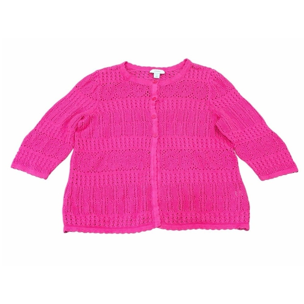 CJ Banks Womens Open Knit Cardigan Sweater 3/4 Sleeve Resort Barbie 2X Hot Pink